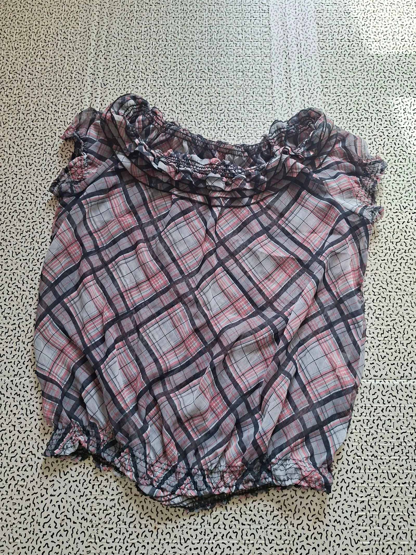 Blusa mujer a cuadros voile transparente con volantes L rosa gris negro bohemio – photo 5